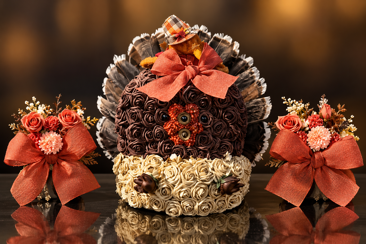 Autumn’s Embrace complete Thanksgiving memorial display with turkey centerpiece and two coordinating floral arrangements