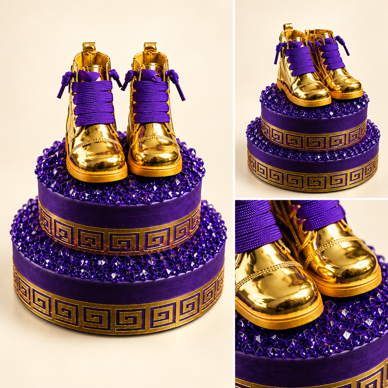 Crowned Legacy golden boots on purple crystal stand
